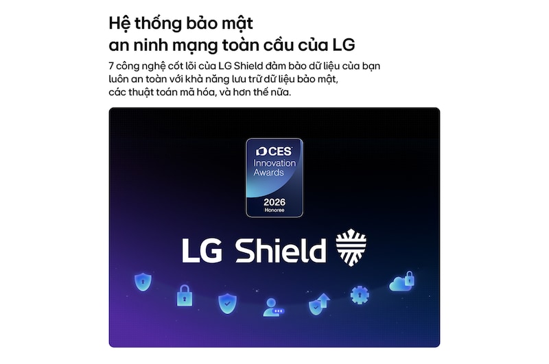 LG Shield, applied to LG QNED evo AI QNED85, is shown with an LG Shield logo at the center, security icons below, and a 2026 CES Innovation Awards Honoree badge above, representing data and system protection.